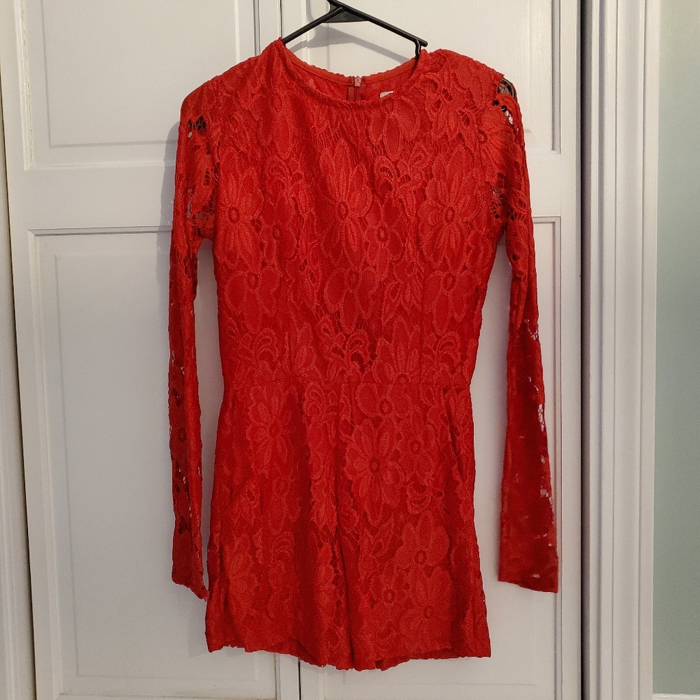 Red lace long sleeve romper, size S